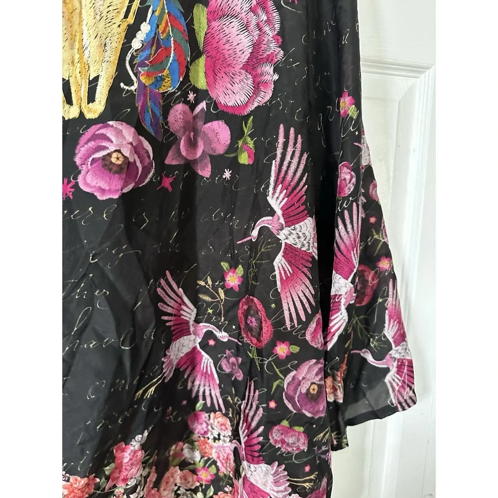 JOHNNY WAS Longhorn Skull 100% SILK SEMI SHEER Kimono Sz XL Birds Floral